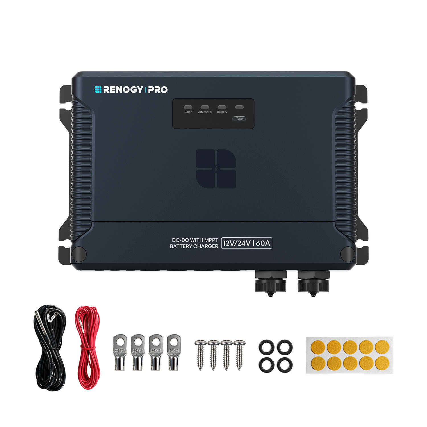 DC-DC-batteriladdare Renogy Pro med MPPT, 12 och 24 V, 60 A samt kablar och monteringsdelar.